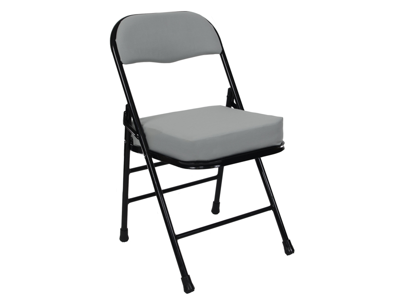 black steel tube chair with light gray padding on seat and back